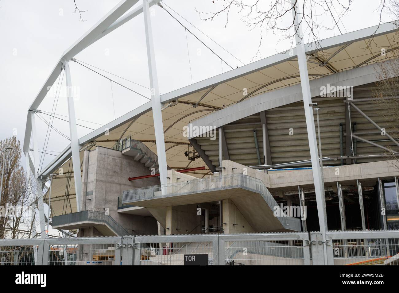 Munich, Allemagne. 10 mars 2024. Munich, Allemagne, 20 mars 2024 : stand principal en construction. MHP Arena, Stuttgart. (Sven Beyrich/SPP) crédit : photo de presse sportive SPP. /Alamy Live News Banque D'Images