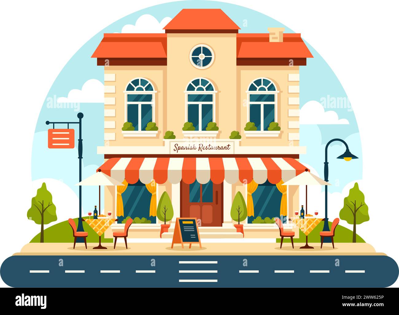 Illustration vectorielle de restaurant espagnol avec divers de menu alimentaire plat plat recette typique et cuisine dans la conception de fond de dessin animé plat Illustration de Vecteur