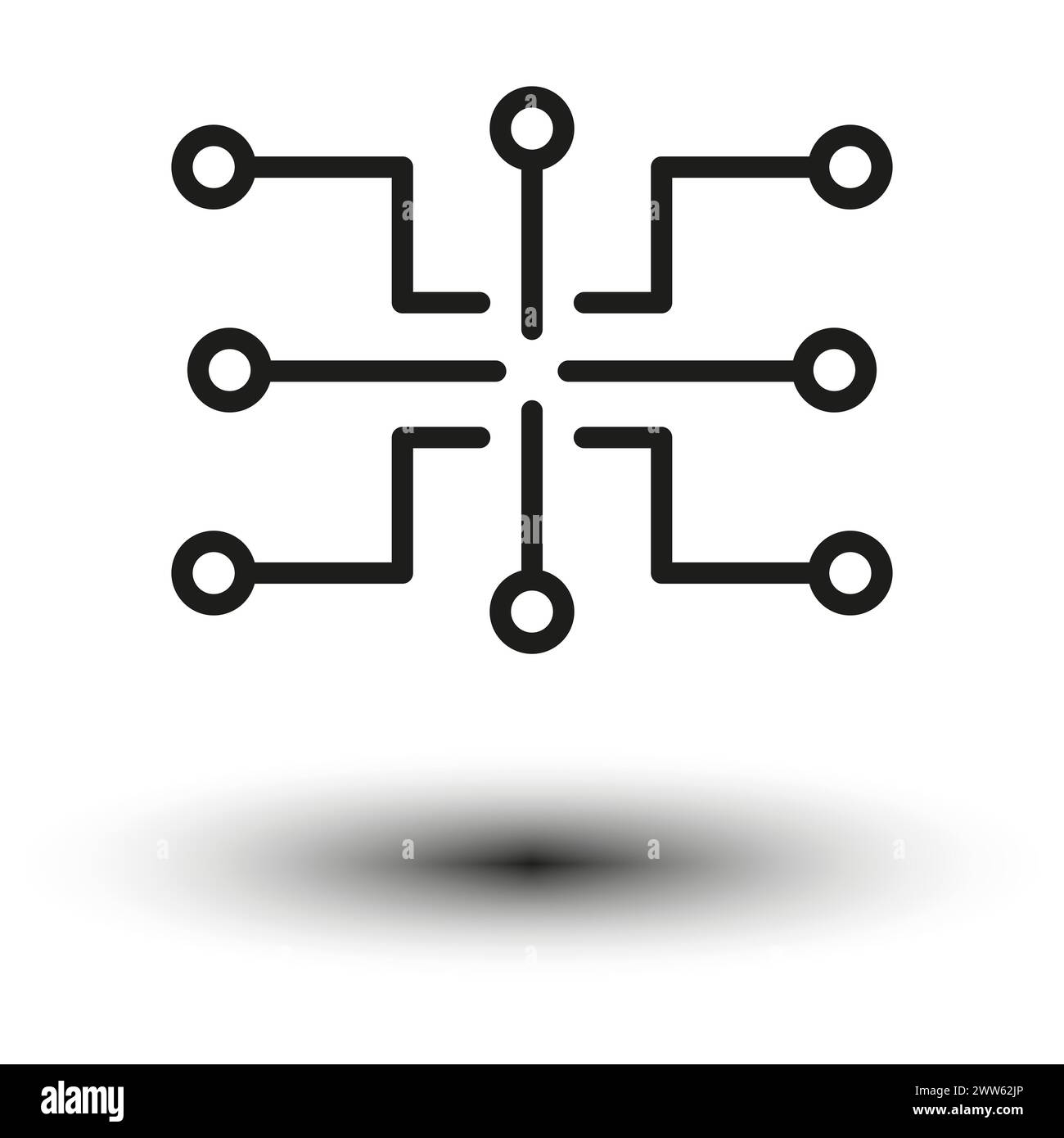 Icône symétrique ressemblant à un circuit numérique ou à une micropuce, avec des lignes et des points de connexion. Illustration vectorielle. SPE 10. Illustration de Vecteur