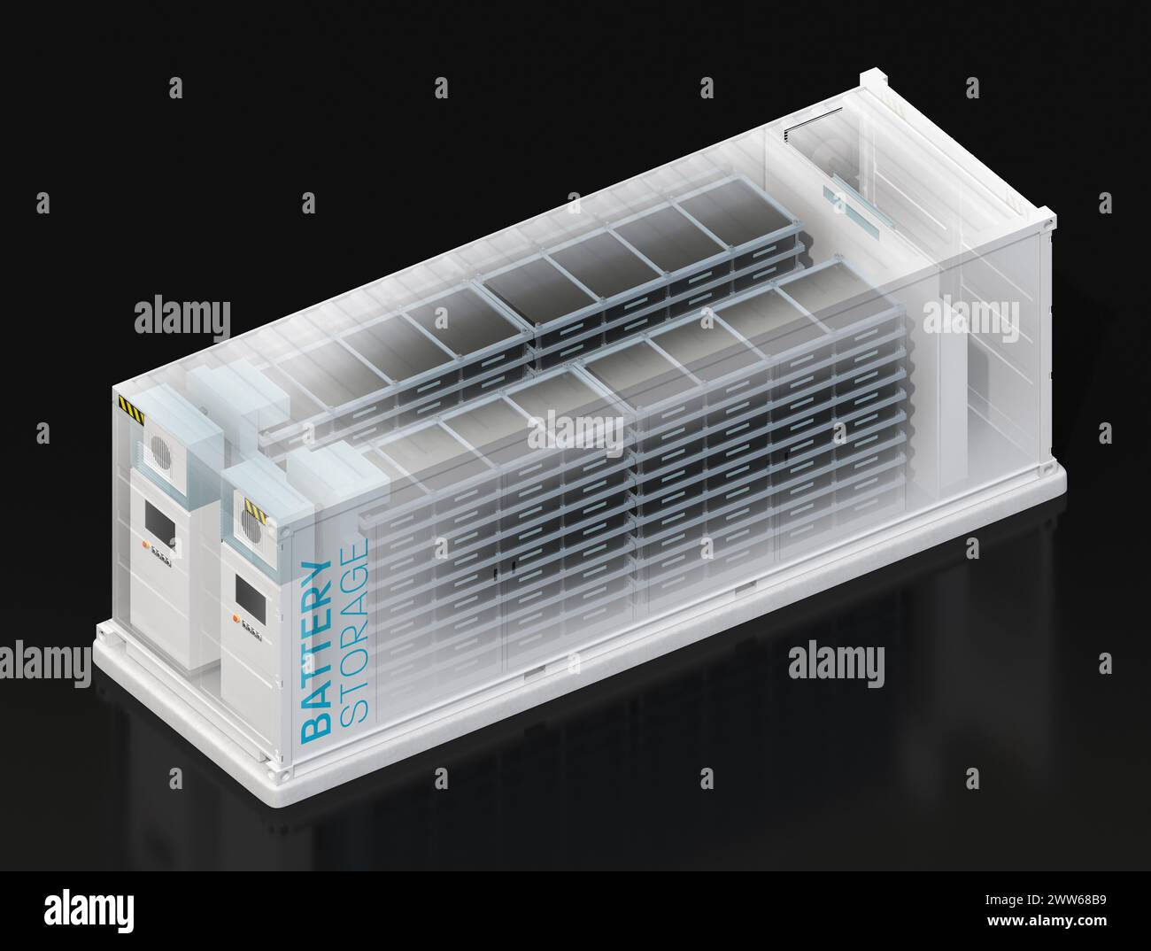Effet fantôme du système de stockage d'énergie de batterie conteneurisé. Conception générique. Image de rendu 3D. Banque D'Images