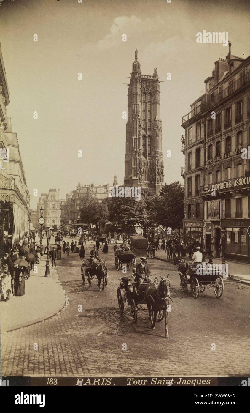 Photo vintage en noir et blanc de la Tour Sainte Jacques à Paris, France CA. 1885, impression albumen Banque D'Images
