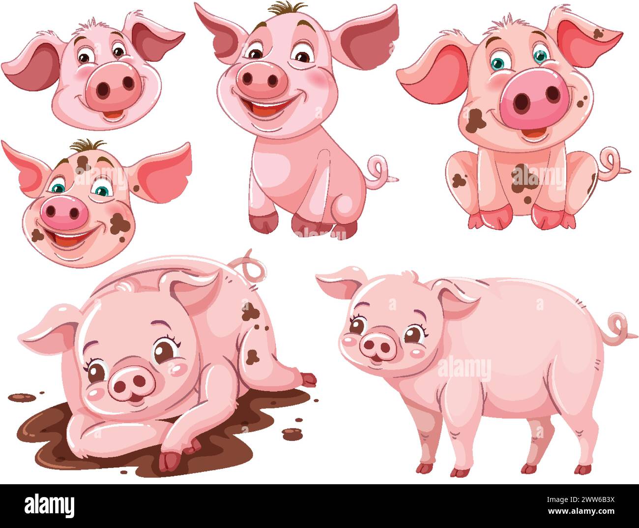 Collection de porcelets de dessins animés mignons dans diverses poses. Illustration de Vecteur