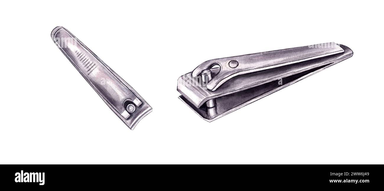 Coupe-ongles. Garniture de tondeuse. Outil d'entretien des mains en acier. Taille-ongles. Instrument de manucure et de pédicure pour couper les ongles. Vue de dessus et vue isométrique. Banque D'Images