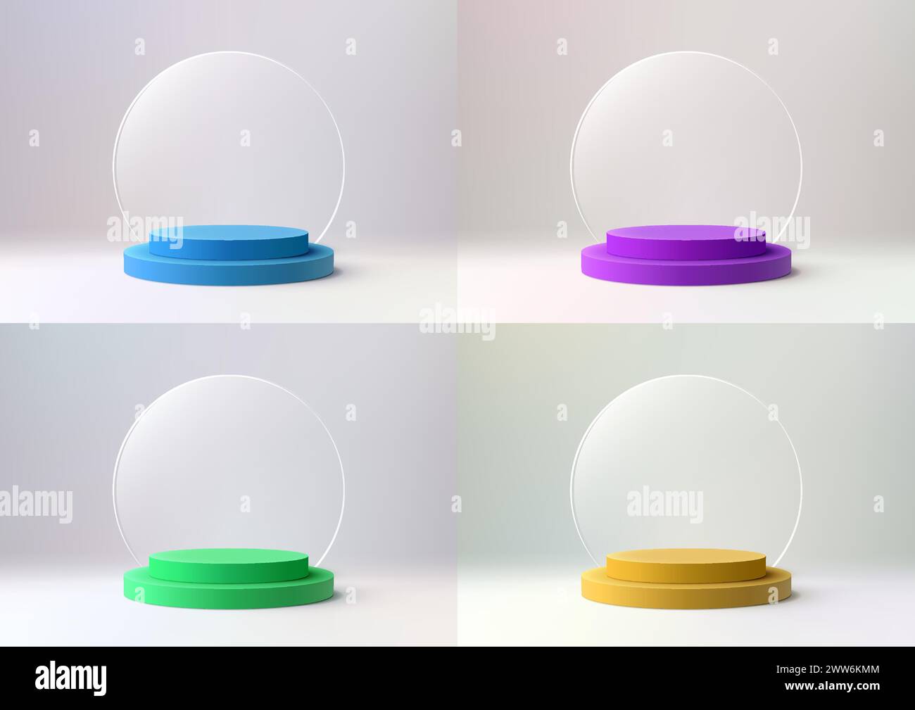 Podium aux couleurs éclatantes 3D avec fond de cercle en verre transparent sur fond blanc. Illustration vectorielle Illustration de Vecteur