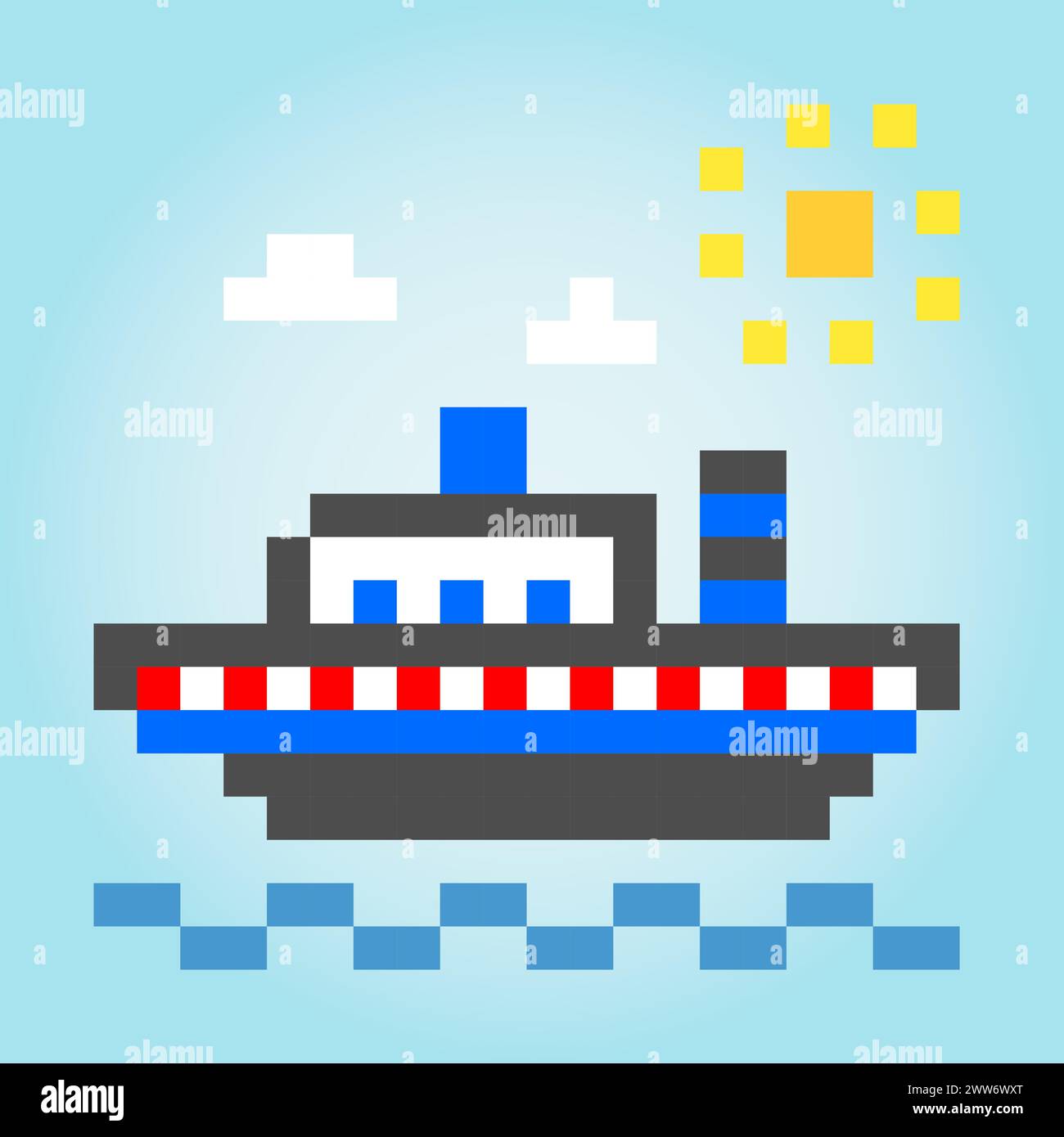 pixel de 8 bits d'un navire, pour les actifs du jeu et le motif de point de croix, dans l'illustration vectorielle Illustration de Vecteur