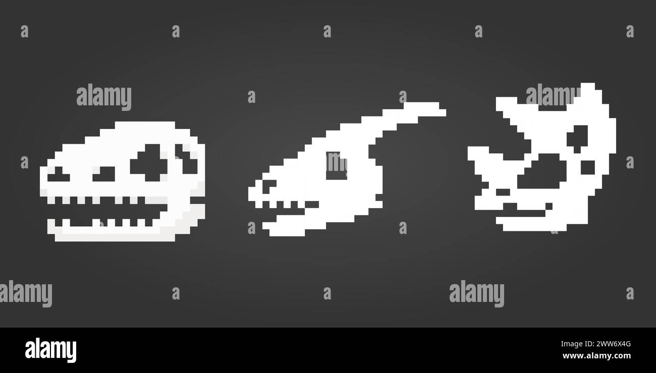 squelette de tête de dinosaure 8 bits. Pixels osseux T rex dans l'illustration vectorielle. Illustration de Vecteur