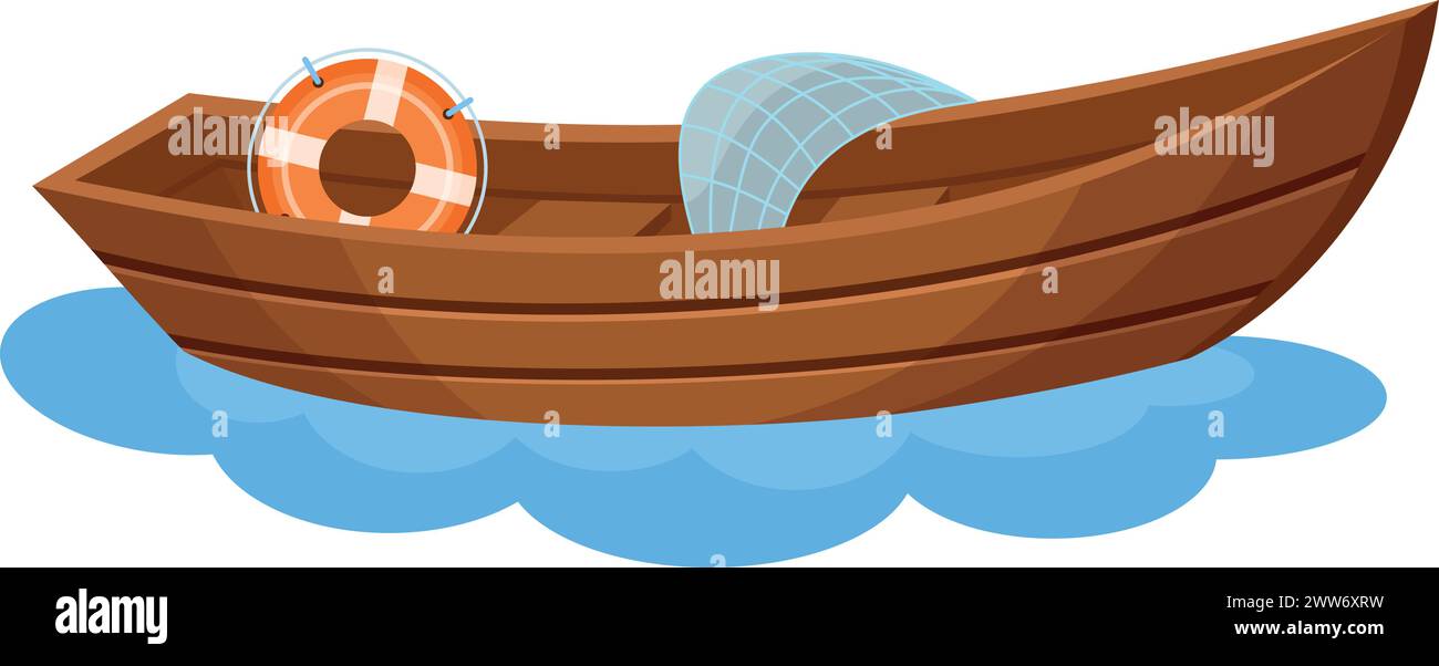 Icône de dessin animé de bateau pêcheur. Bateau en bois de rivière isolé sur fond blanc Illustration de Vecteur