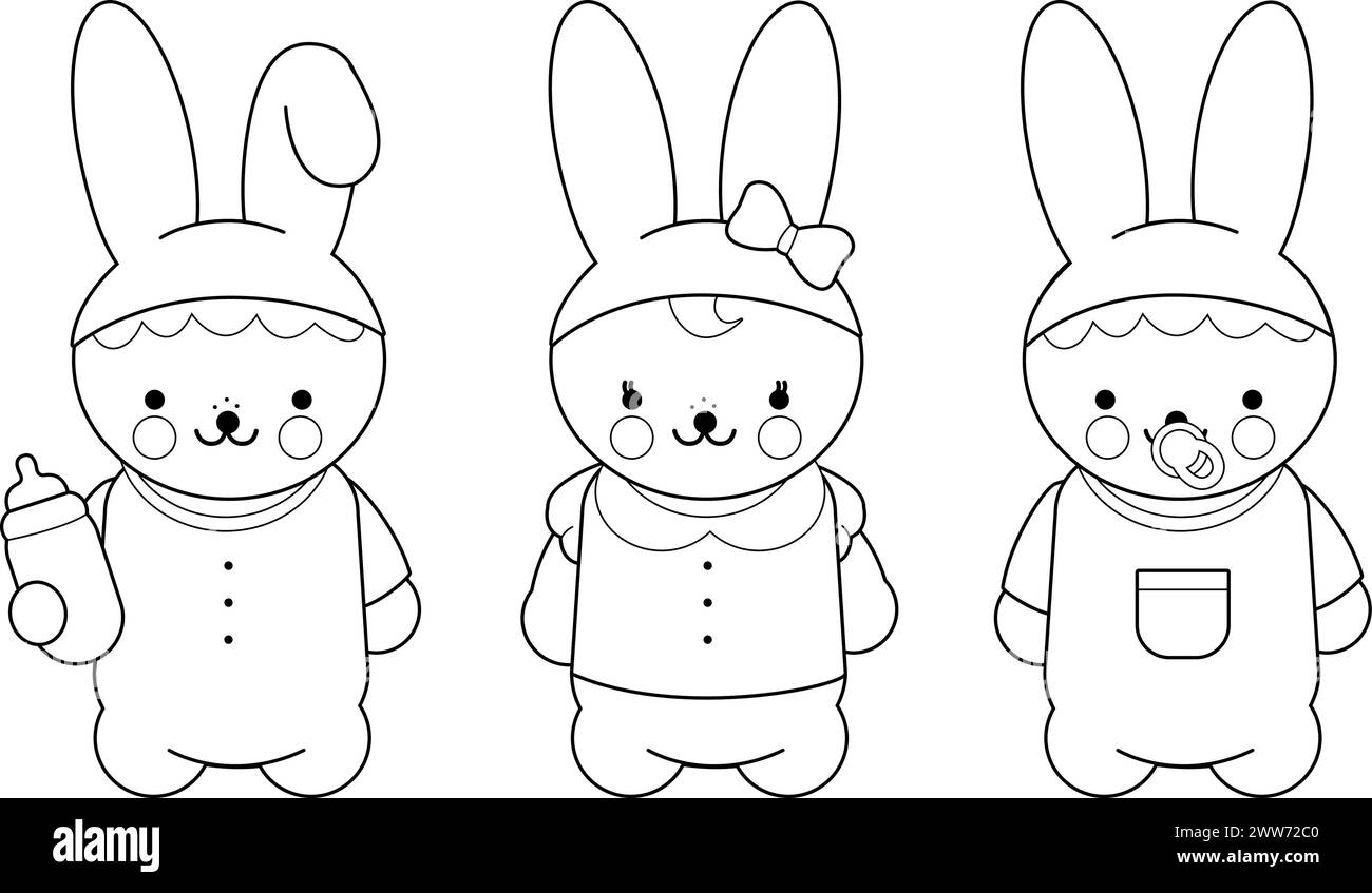 Bébés lapins mignons. Dessin animé lapin bébé fille et garçon avec bouteille de lait. Page de coloriage noir et blanc vectoriel. Illustration de Vecteur