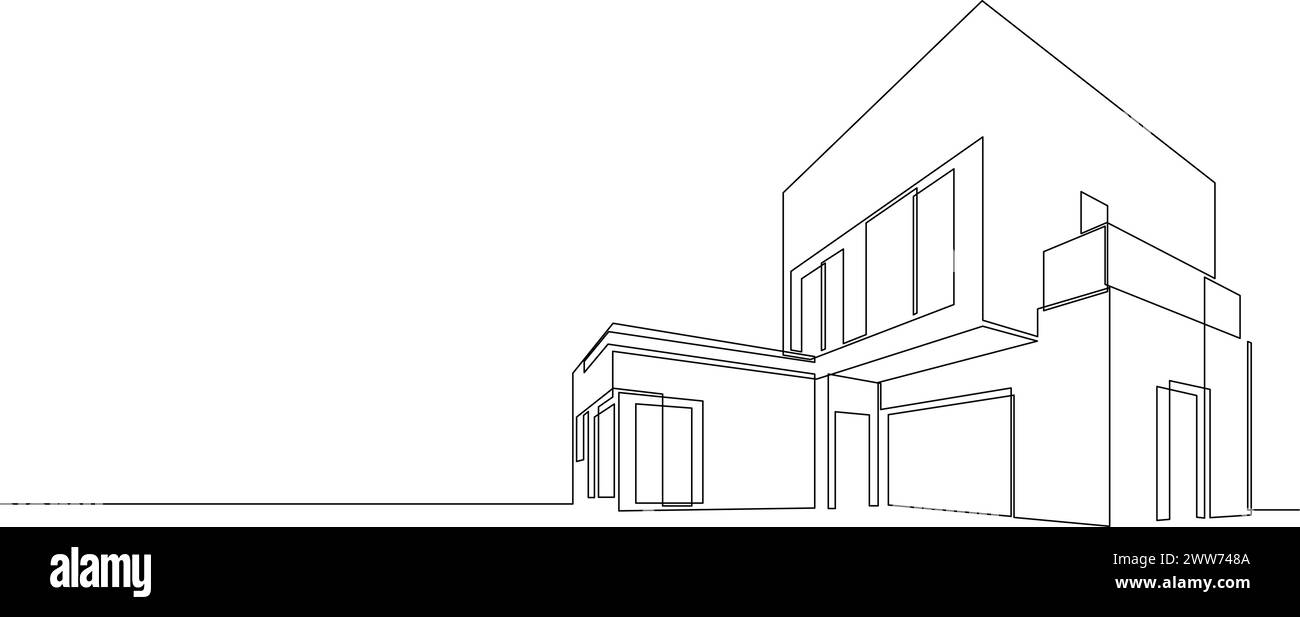 Un dessin de ligne continue de maison de toit plat ou magasin. Esquisse linéaire noire de style minimaliste du bâtiment moderne isolé sur fond blanc. Vecteur i Illustration de Vecteur