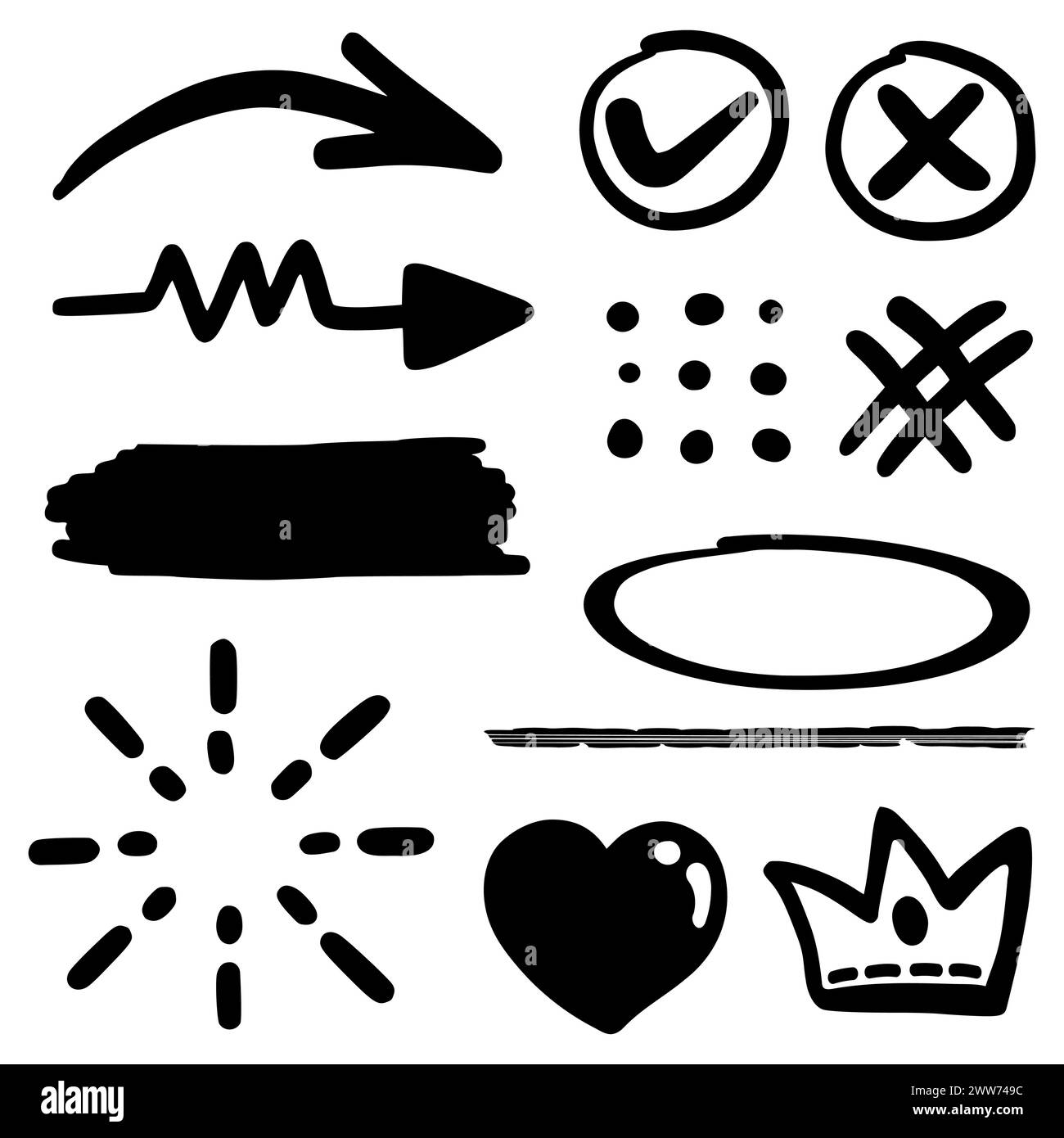 Doodle abstrait de Swash Black Thin Line Set comprend le cœur, le trait, le cercle et la flèche Sign dans l'illustration vectorielle Illustration de Vecteur