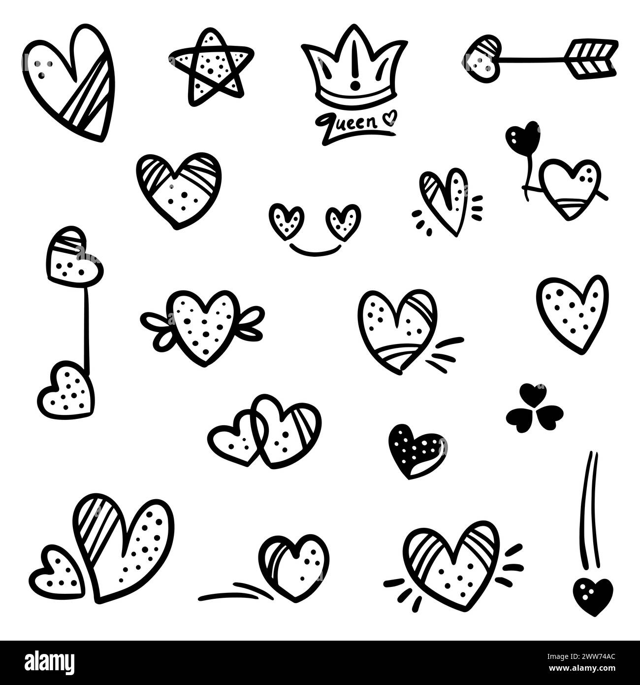 Abstrait Doodle Heart. Thin Line Black dans de nombreuses collections. Brosse signe l'amour isolé dans l'illustration vectorielle Illustration de Vecteur