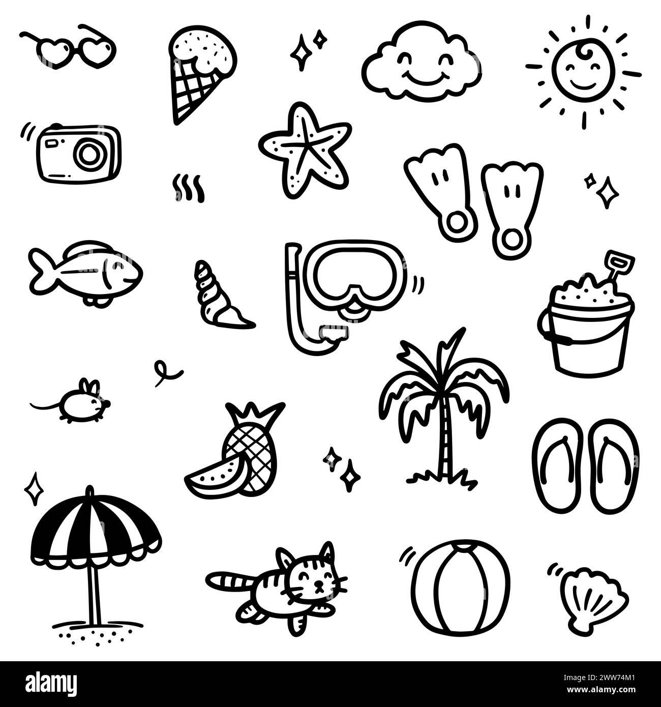 Résumé Doodle dessiné à la main de Black Thin Line Set inclure des objets et de la nature dans l'illustration vectorielle Illustration de Vecteur