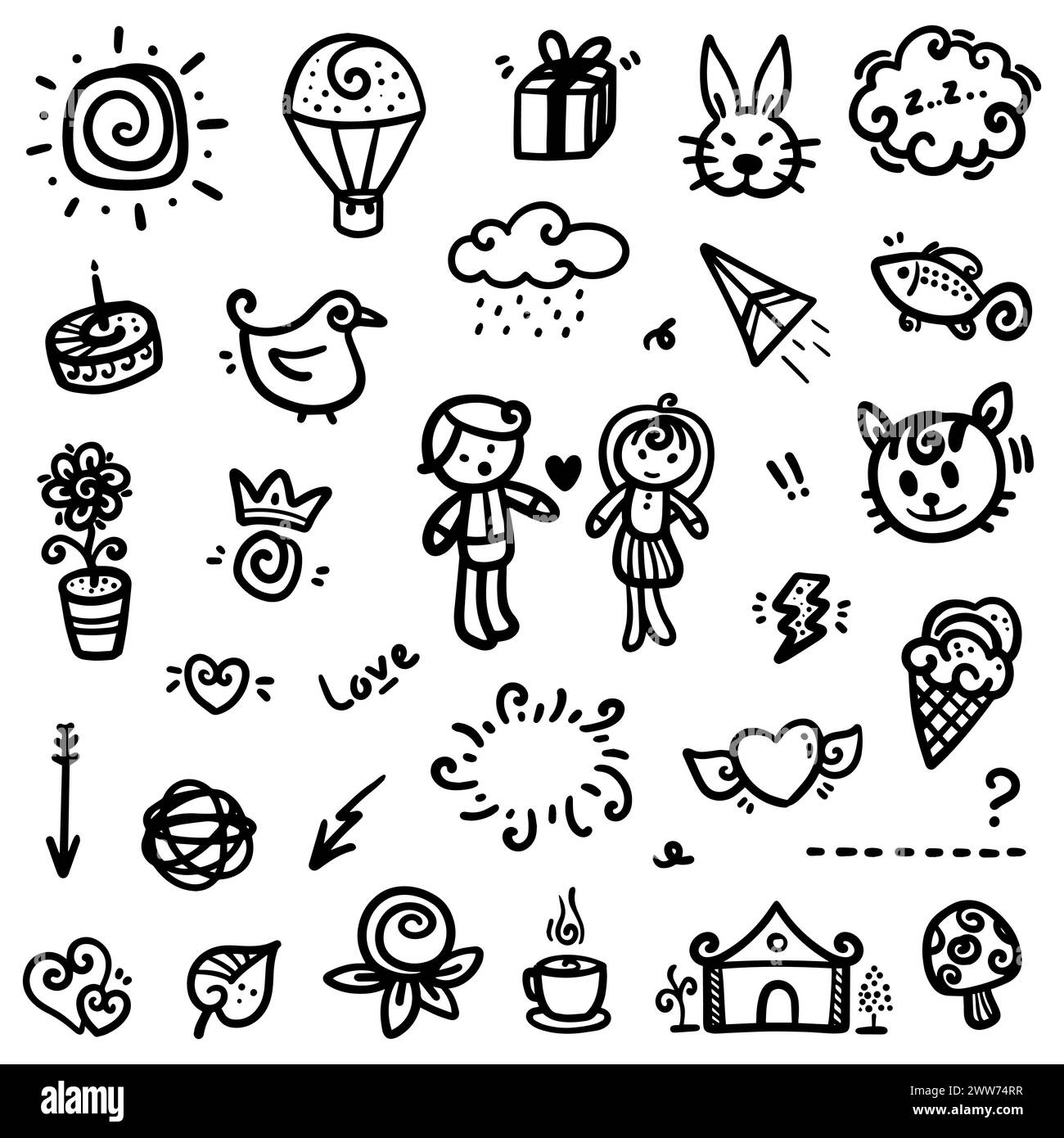 Résumé Doodle dessiné à la main de Black Thin Line Set inclure des objets et de la nature dans l'illustration vectorielle Illustration de Vecteur