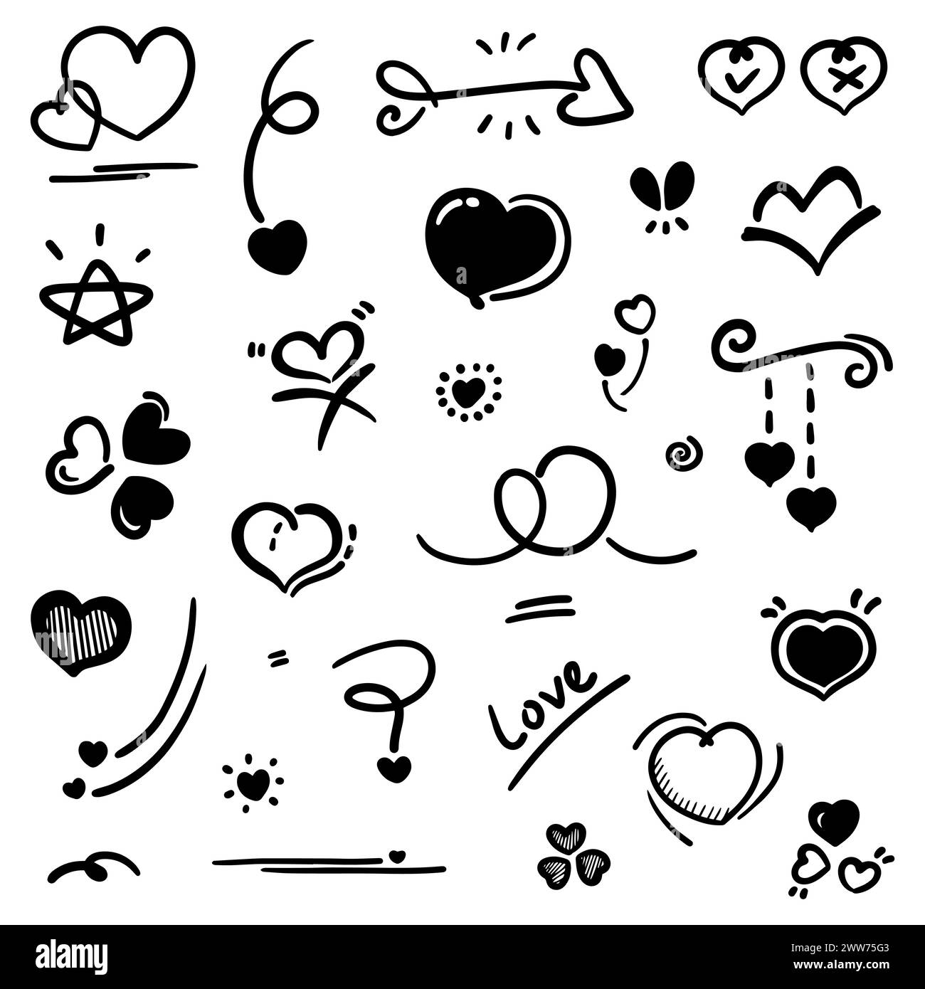 Abstrait Doodle Heart. Thin Line Black dans de nombreuses collections. Brosse signe l'amour isolé dans l'illustration vectorielle Illustration de Vecteur