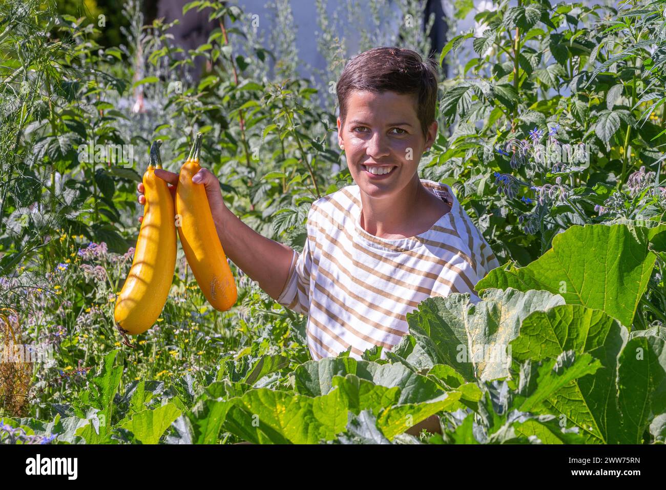 Jeune femme tenant deux belles courgettes jaunes. Banque D'Images