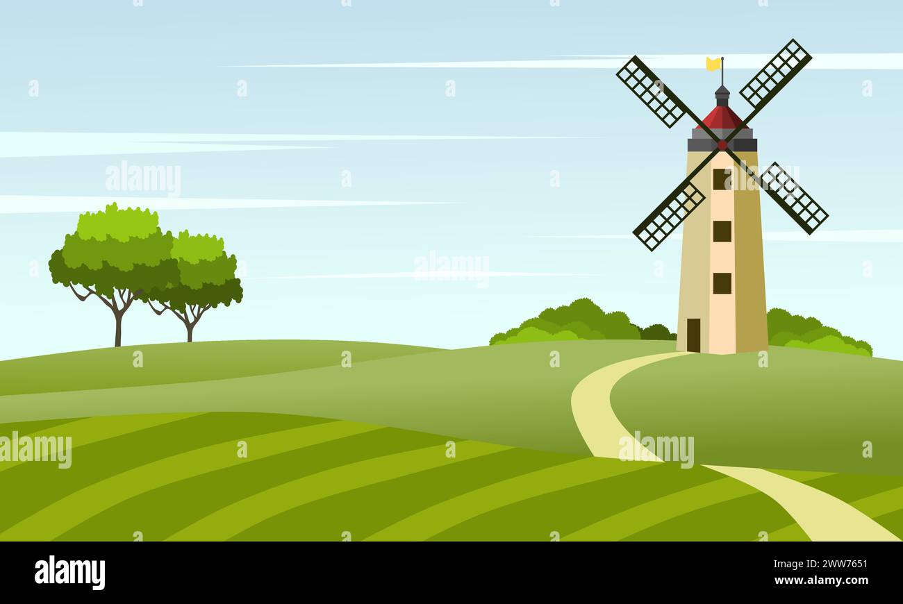 Paysage rural avec moulin à vent et prairie ou rizière. Illustration vectorielle. Illustration de Vecteur