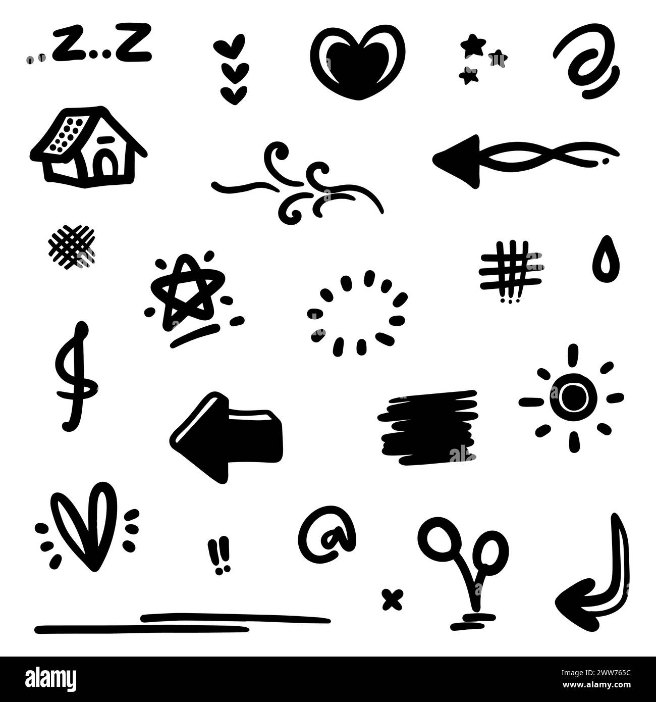 Résumé Doodle dessiné à la main de Swash Black Thin Line Set comprend le cœur, le trait, le cercle et la flèche dans l'illustration vectorielle Illustration de Vecteur