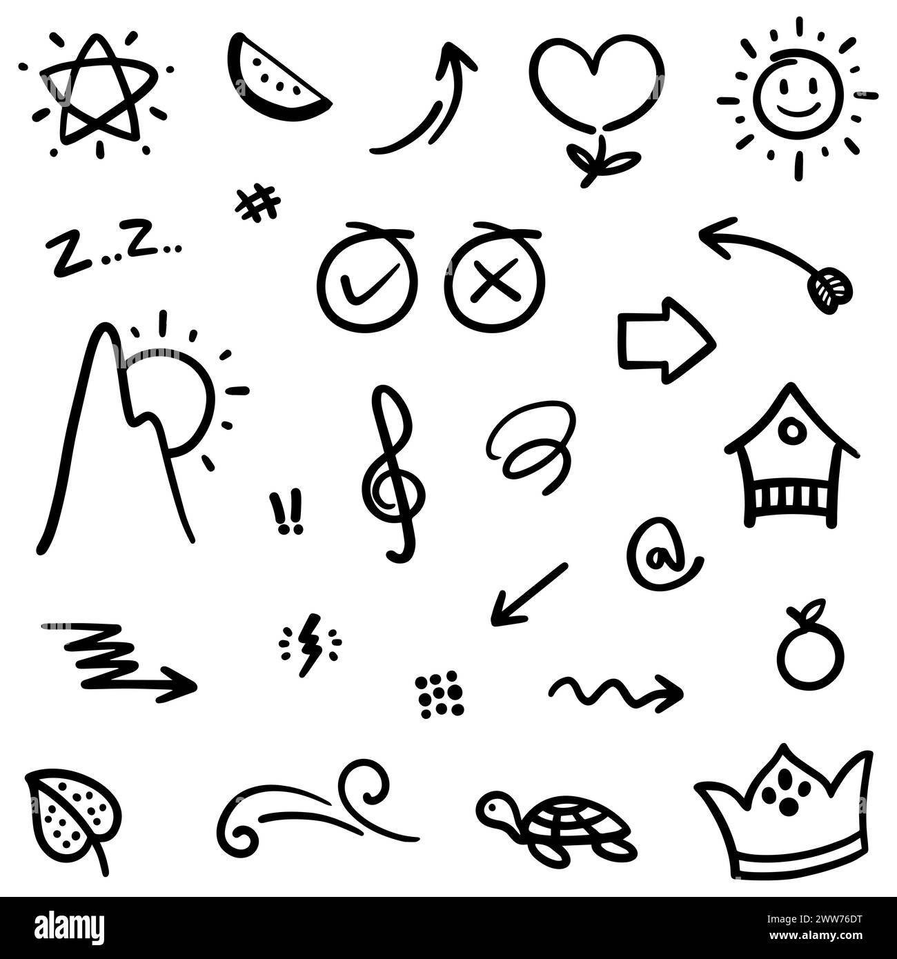 Résumé Doodle dessiné à la main de Swash Black Thin Line Set comprend le cœur, le trait, le cercle et la flèche dans l'illustration vectorielle Illustration de Vecteur