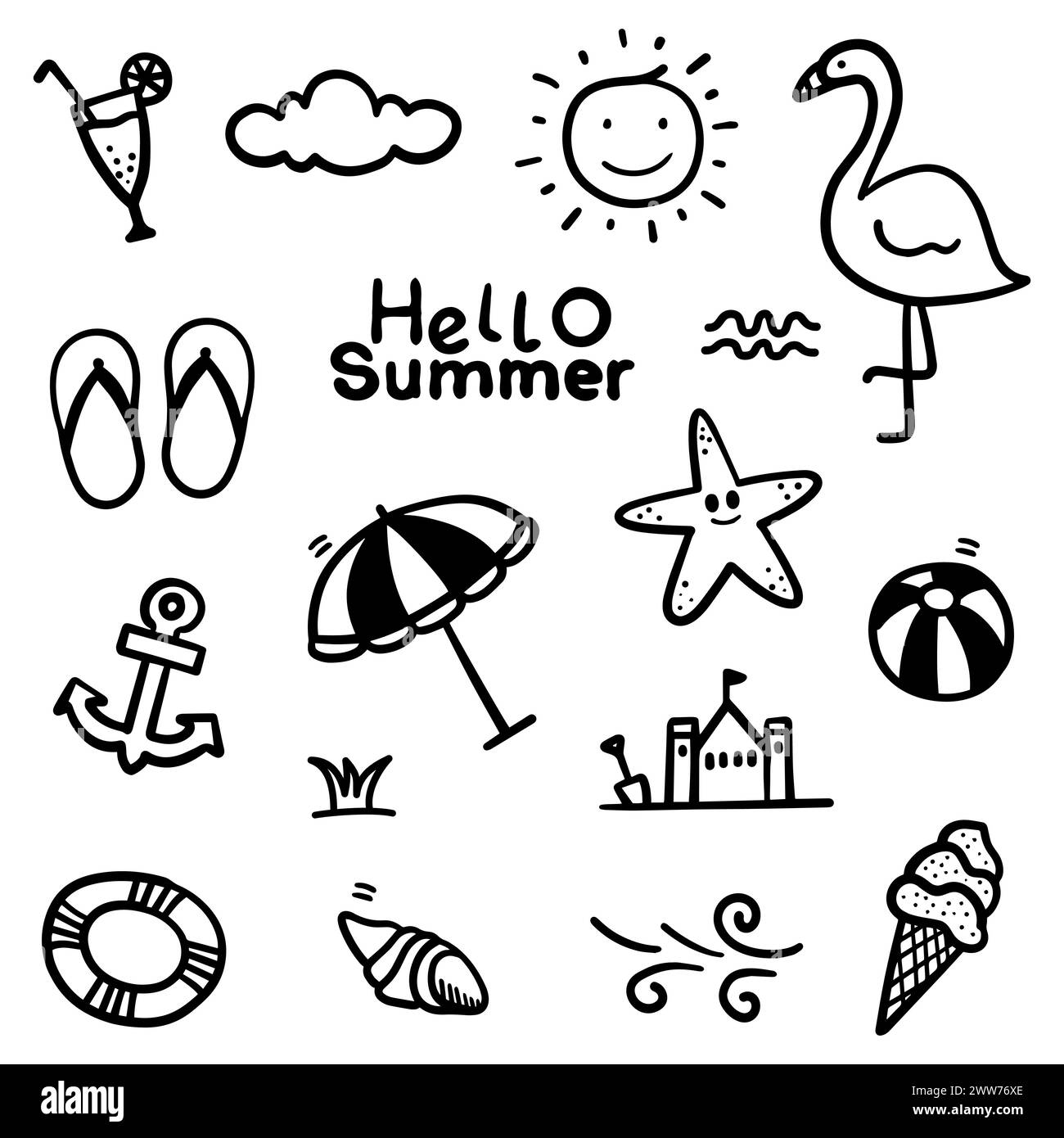 Thème estival dessiné à la main. Mince ligne noire abstraite doodle Beach outils de vacances dans la collection multiple dans l'illustration vectorielle Illustration de Vecteur