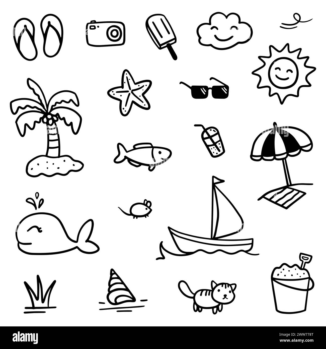 Thème estival dessiné à la main. Mince ligne noire abstraite doodle Beach outils de vacances dans la collection multiple dans l'illustration vectorielle Illustration de Vecteur