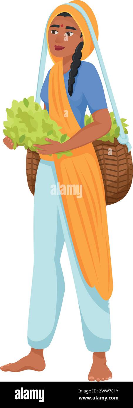 Femme indienne avec des légumes frais. Agriculteur asiatique de dessin animé isolé sur fond blanc Illustration de Vecteur