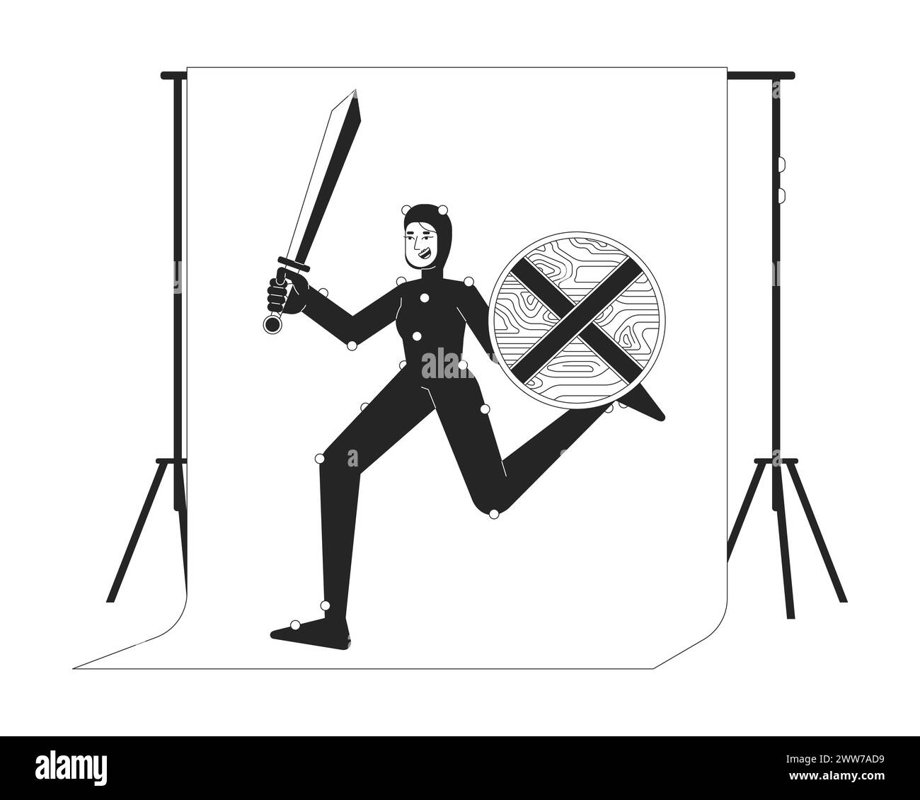 Actrice blindée courant sur écran chromakey noir et blanc ligne 2D personnage de dessin animé Illustration de Vecteur