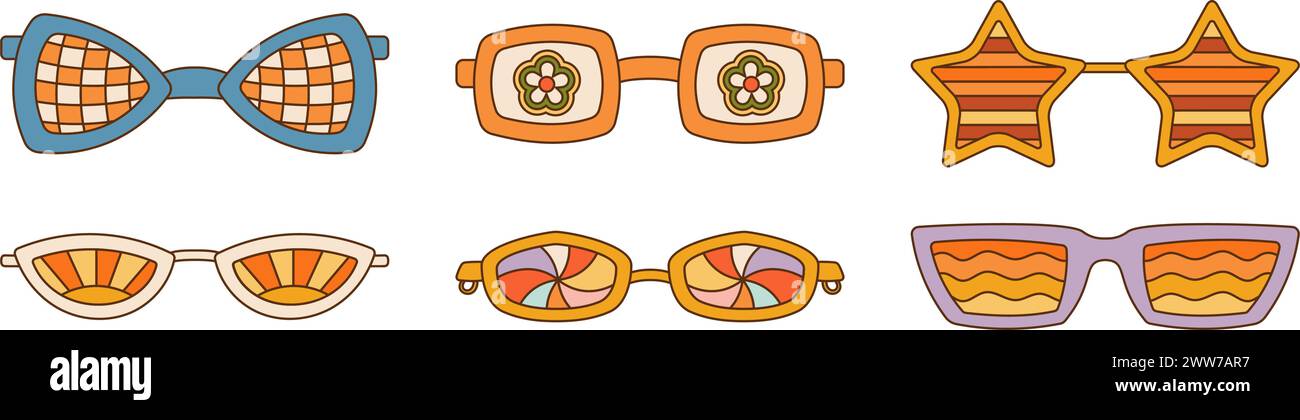 Collection de lunettes de soleil rétro Groovy avec différents motifs. Ensemble Vibe des années 1970 Illustration de Vecteur