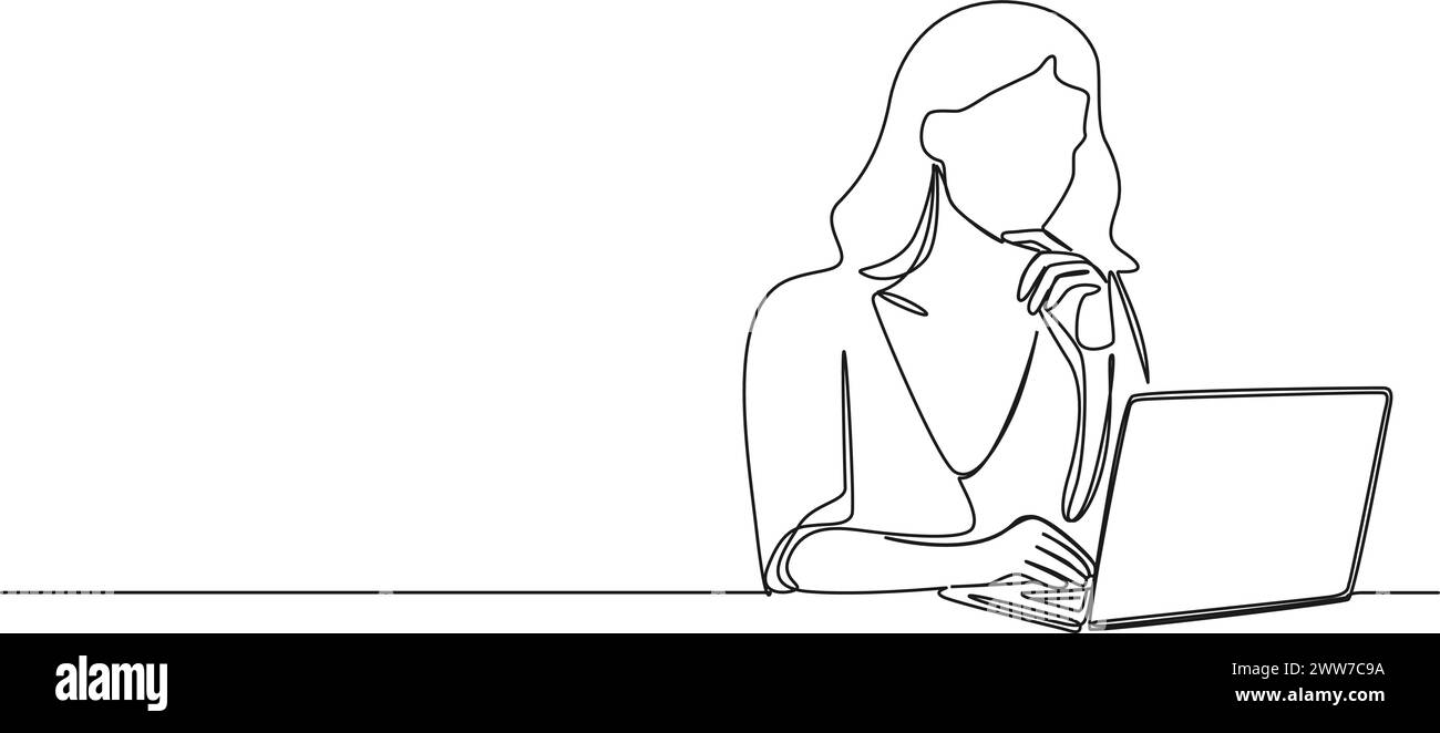 dessin simple continu de la femme à l'aide d'un ordinateur portable, illustration vectorielle d'art au trait Illustration de Vecteur
