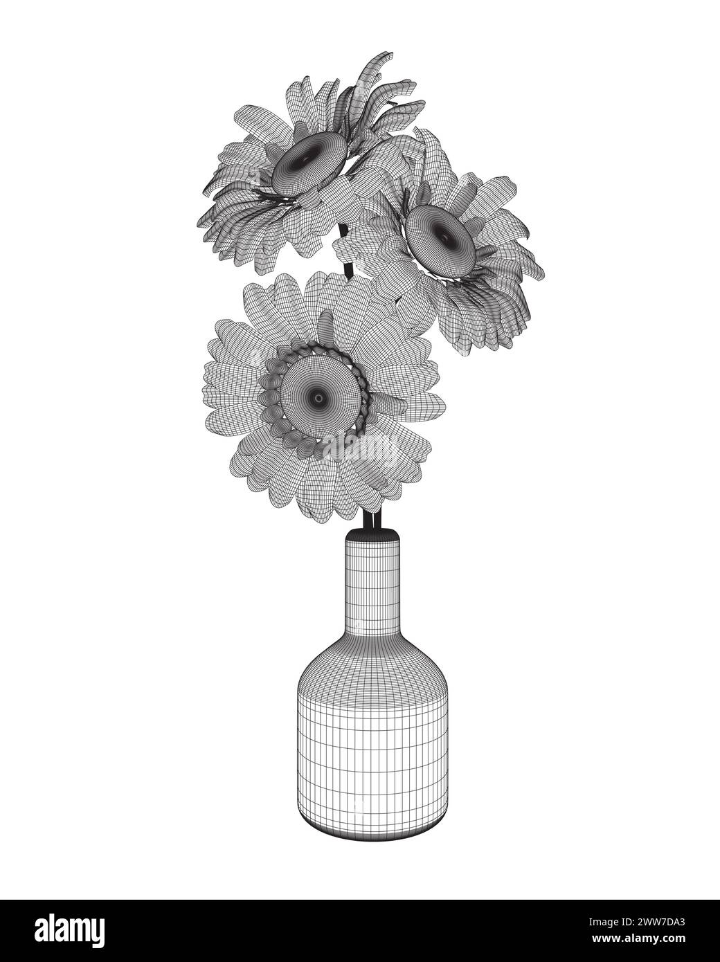 Wireframe fleurs dans vase Doodle illustration, y compris bouquet floral. Joli dessin au trait sur les plantes à l'intérieur. Dessin linéaire fin pour la coloration. Débit Illustration de Vecteur