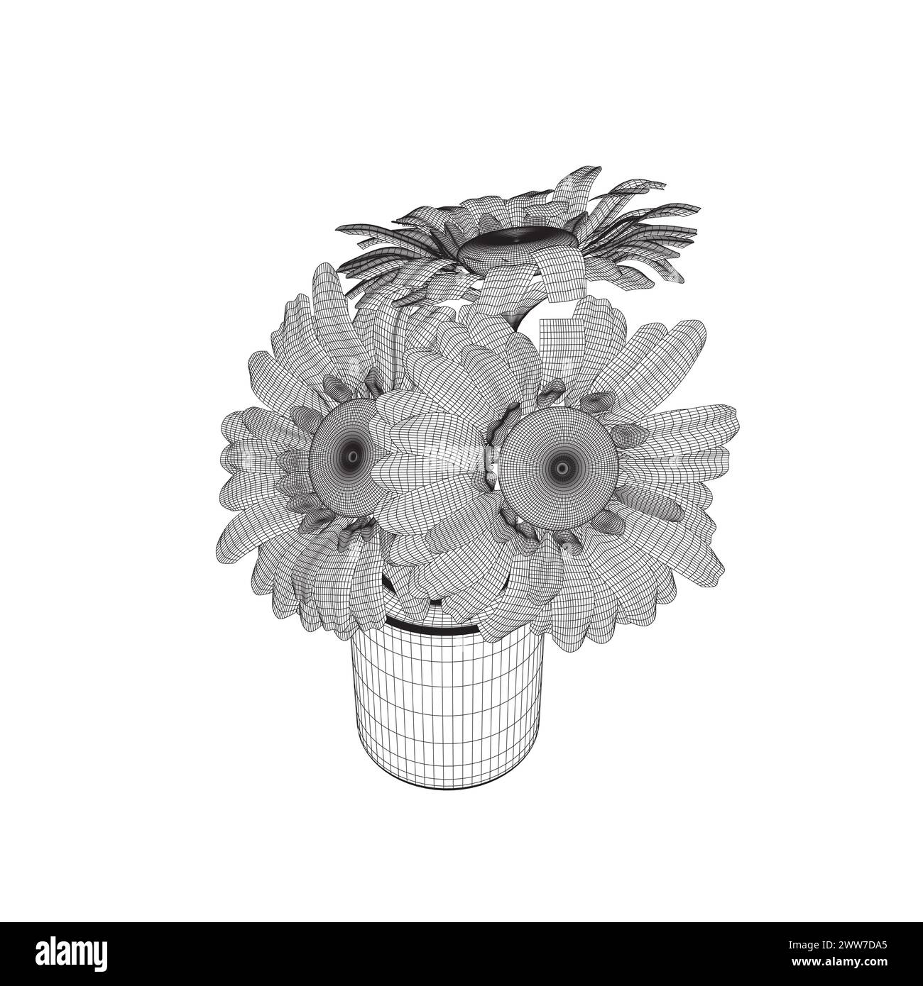 Wireframe fleurs dans vase Doodle illustration, y compris bouquet floral. Joli dessin au trait sur les plantes à l'intérieur. Dessin linéaire fin pour la coloration. Débit Illustration de Vecteur