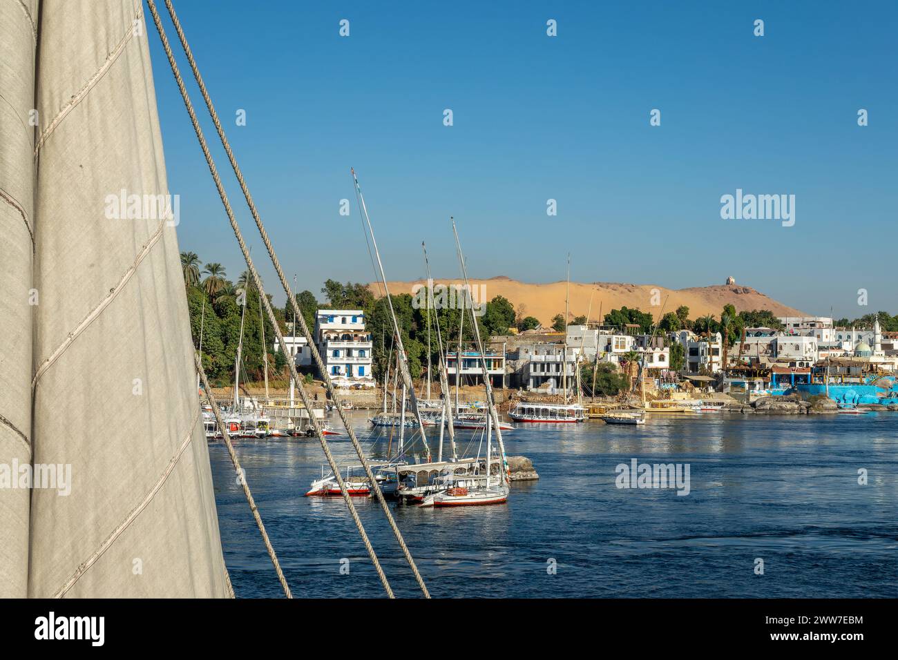 Felucca (bateau à voile égyptien traditionnel) sur le Nil à Assouan, Egypte Banque D'Images