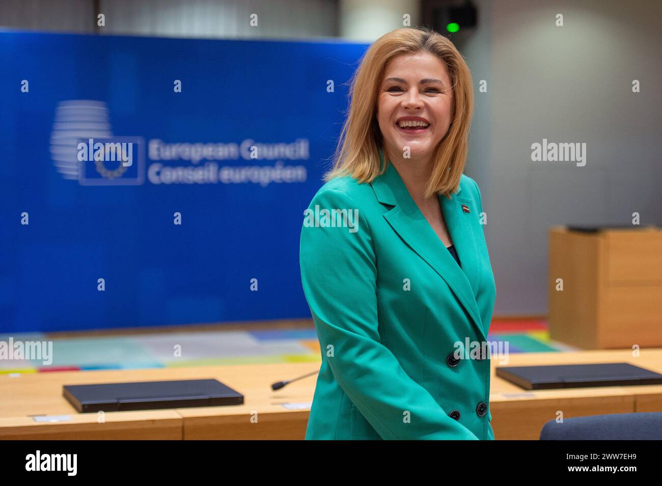 BRUXELLES - 22/03/2024, BRUXELLES - le premier ministre letton Evika Silina lors de la deuxième journée du sommet de l'UE sur les affaires étrangères telles que la guerre en Ukraine et à Gaza. ANP JONAS roosens pays-bas OUT - belgique OUT Banque D'Images