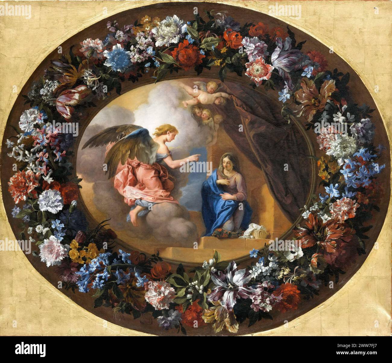 Charles de la fosse, couronne de fleurs de Jean-Baptiste Monnoyer -- Annonciation Banque D'Images