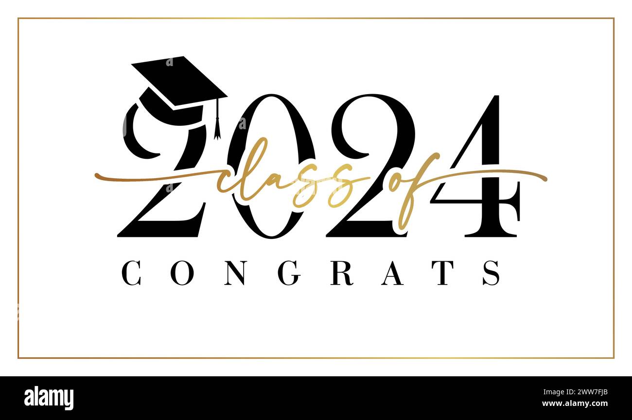 Classe de 2024 concept de logo graphique mignon. Félicitations, bannière des diplômés. Conception de diplôme. Affiche typographique. Style rétro numéro 2 0 2 4 et texte doré Illustration de Vecteur