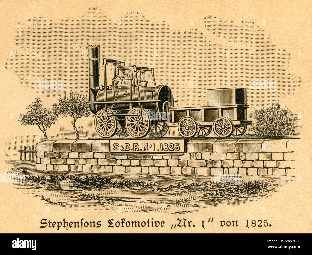 Europa, Großbritannien, Darstellung der Stephensons Lokomotive ' Nr. 1 ' von 1825 ( George Stephenson ) , Motiv aus einem Werbeprospekt ' Das XIX Jahrhundert in Wort und Bild ' von Hans Kraemer, Deutsches Verlagshaus Bong & Co , Berlin, Leipzig, Wien, Stuttgart , um 1900 . / Europe, Grande-Bretagne , représentation graphique de Stephensons locomotion No.1 ( George Stephenson ) , image de la brochure publicitaire : ' Das XIX. Jahrhundert in Wort und Bild ' ( le XIXe siècle en mots et en images ) , par Hans Kraemer, maison d'édition : Deutsches Verlagshaus Bong & Co, Berlin, Leipzig, Wien, Banque D'Images