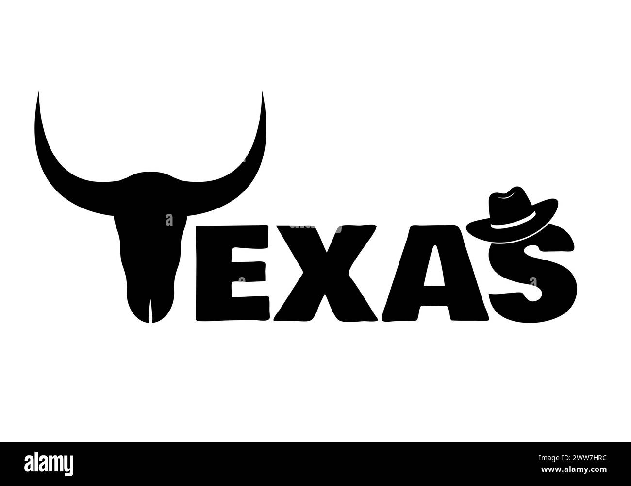 Inscription Texas avec crâne de vache et chapeau de cow-boy. Signe patriotique USA. Modèle vectoriel pour affiche de typographie, bannière, flyer, chemise, etc Illustration de Vecteur