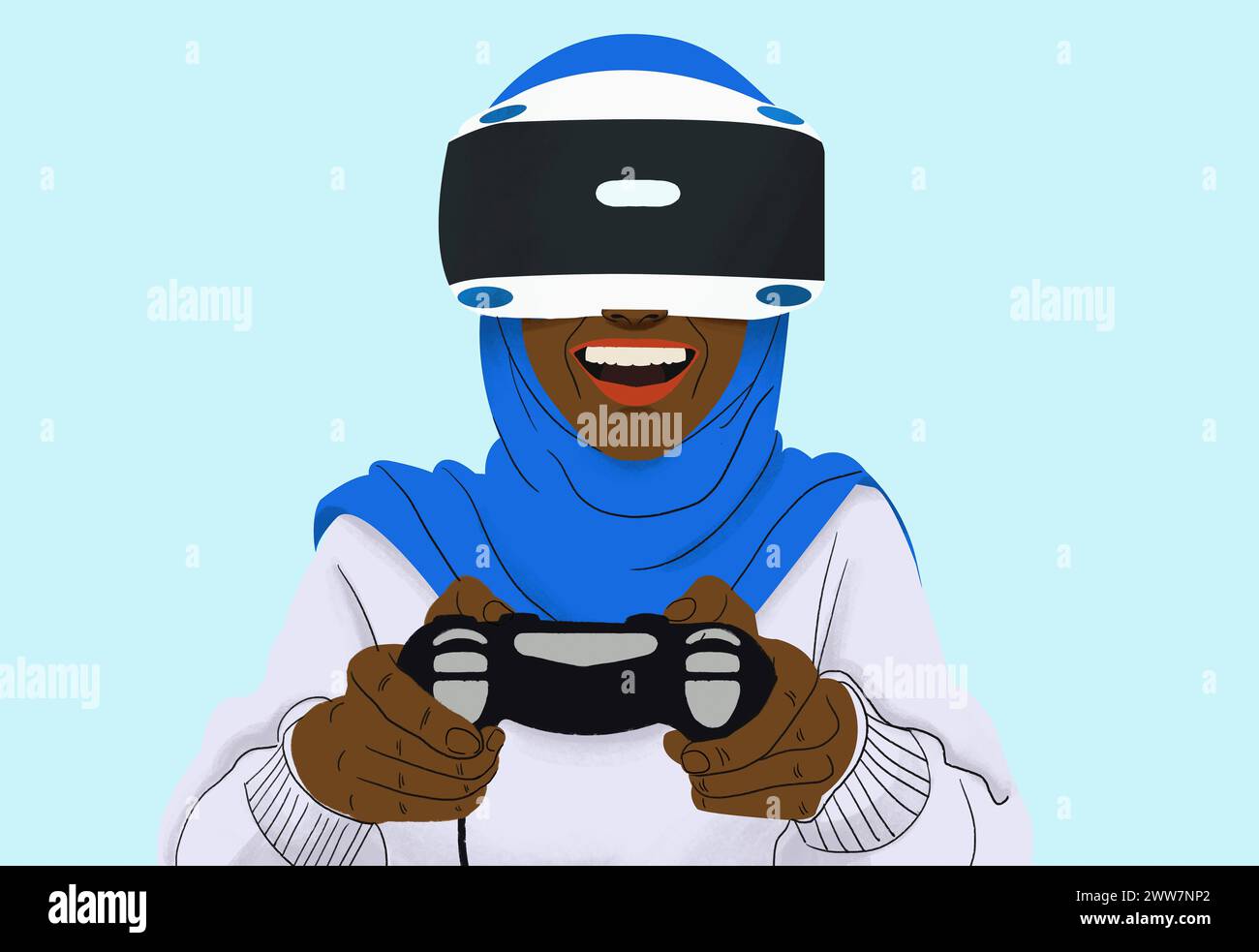 Femme heureuse en hijab jouant au jeu vidéo avec casque VR Banque D'Images