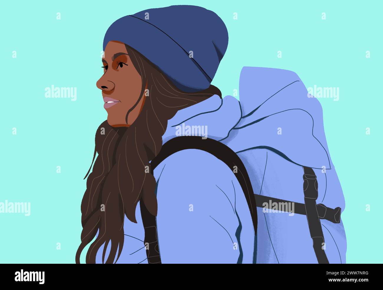 Jeune femme en bonnet en tricot et manteau sac à dos Banque D'Images