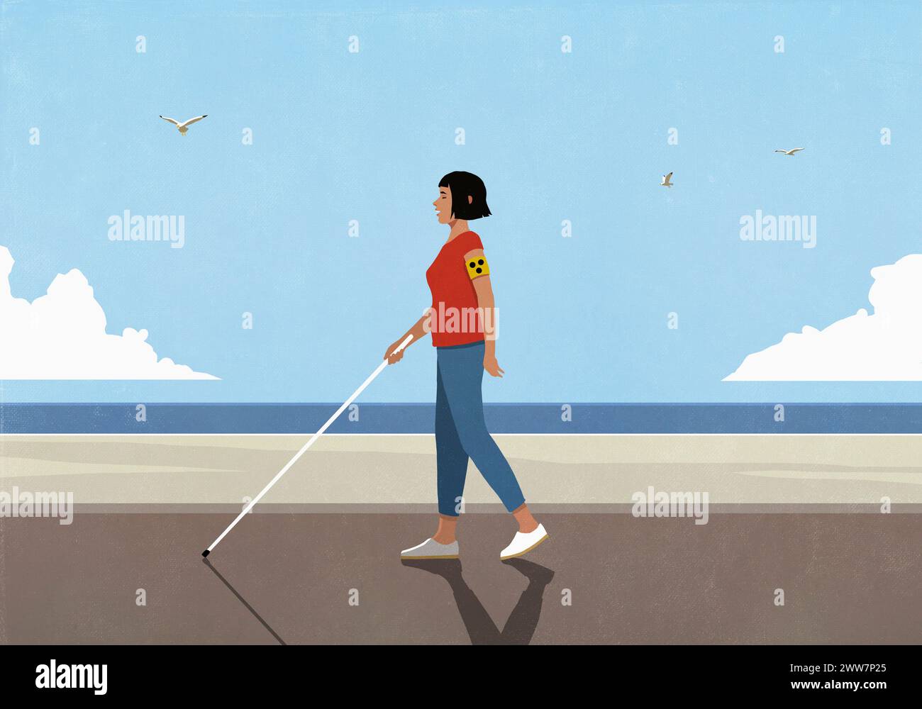Femme aveugle marchant avec la canne de marche sur la promenade le long de la plage ensoleillée de l'océan Banque D'Images