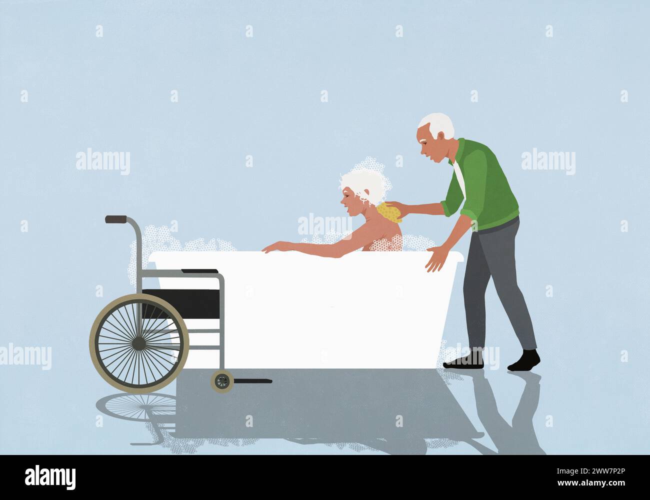 Mari aîné attentionné aidant une femme handicapée à se baigner dans un bain moussant Banque D'Images