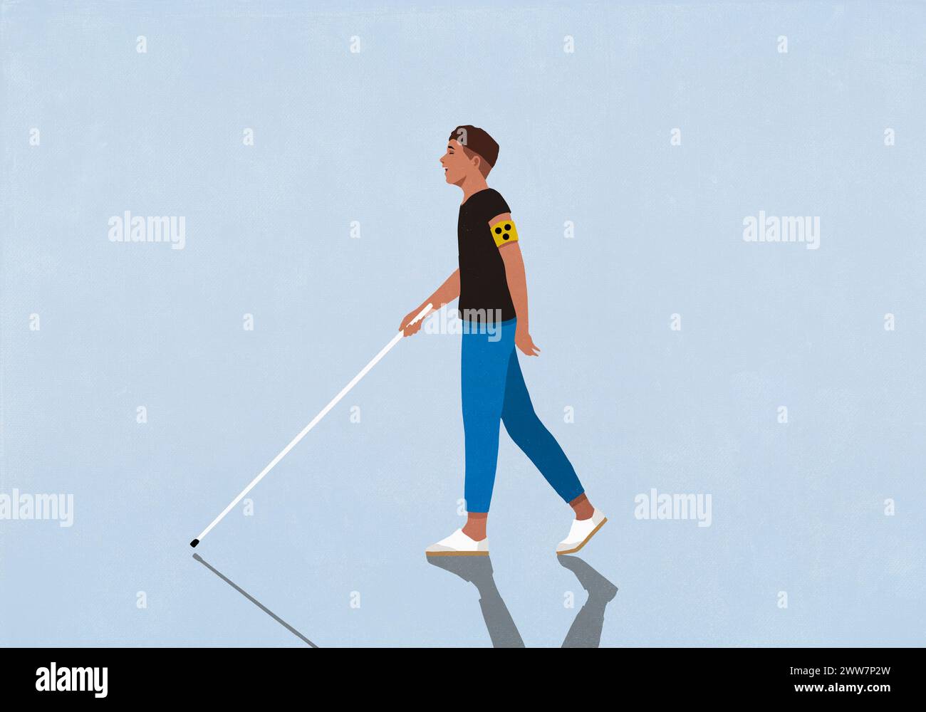 Homme aveugle marchant avec la canne de marche sur fond bleu Banque D'Images