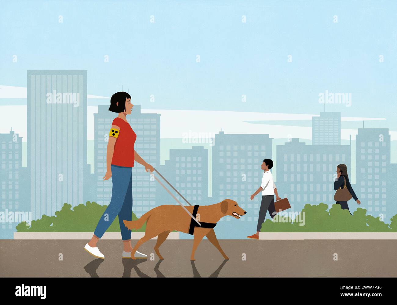 Femme aveugle marchant avec le chien d'oeil de voir dans la ville ensoleillée Banque D'Images