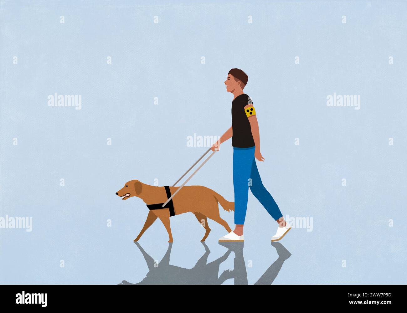 Homme aveugle marchant avec le chien d'oeil de voir sur fond bleu Banque D'Images