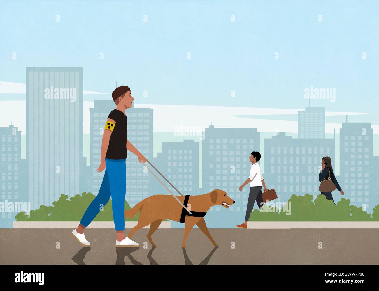 Homme aveugle marchant avec le chien d'oeil de voir dans la ville ensoleillée Banque D'Images