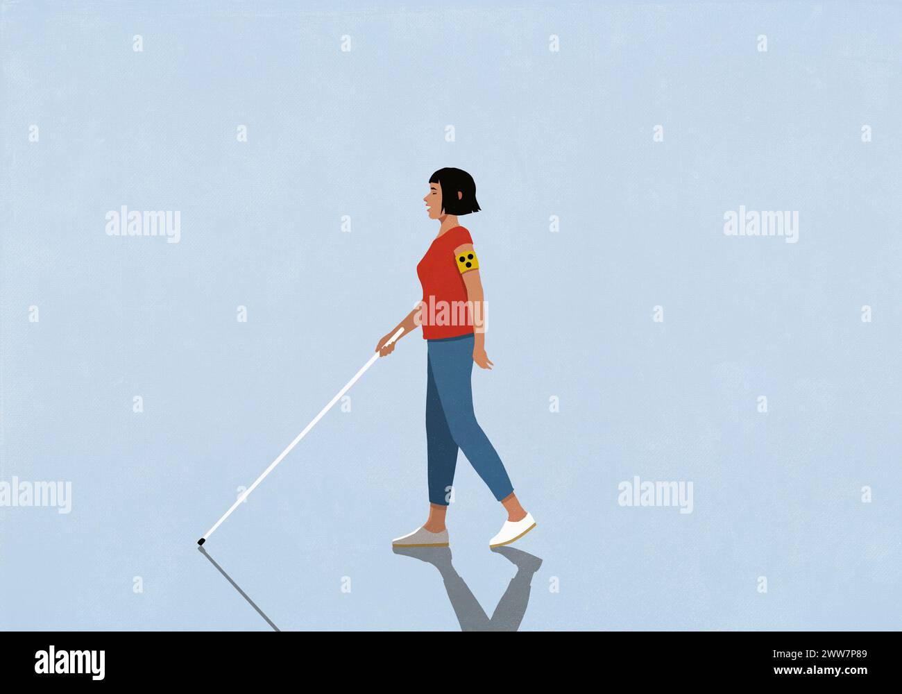 Femme aveugle marchant avec la canne de marche sur fond bleu Banque D'Images