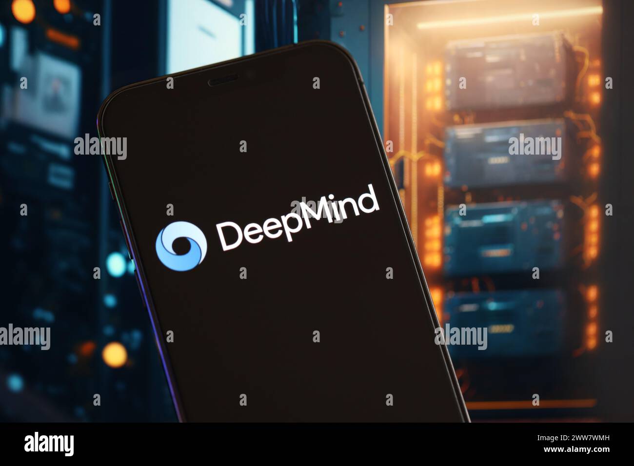 KIEV, UKRAINE - 17 MARS 2024 logo DeepMind sur l'écran d'affichage de l'iPhone avec arrière-plan de l'intelligence artificielle futuriste ai généré l'image en gros plan Banque D'Images