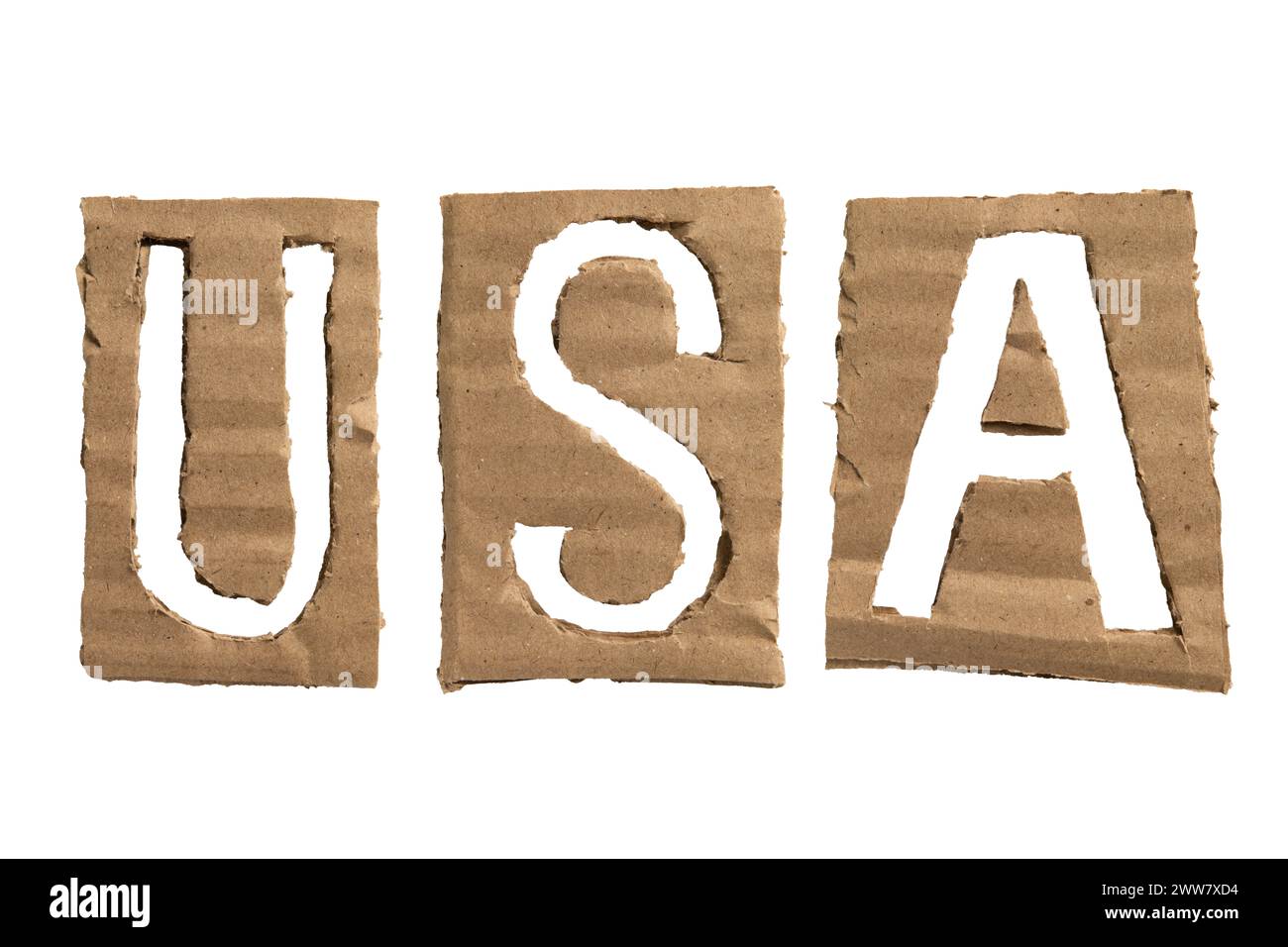 USA, une abréviation pour états-Unis d'Amérique, lettres fabriquées à partir d'un carton sur fond blanc avec chemin de détourage Banque D'Images