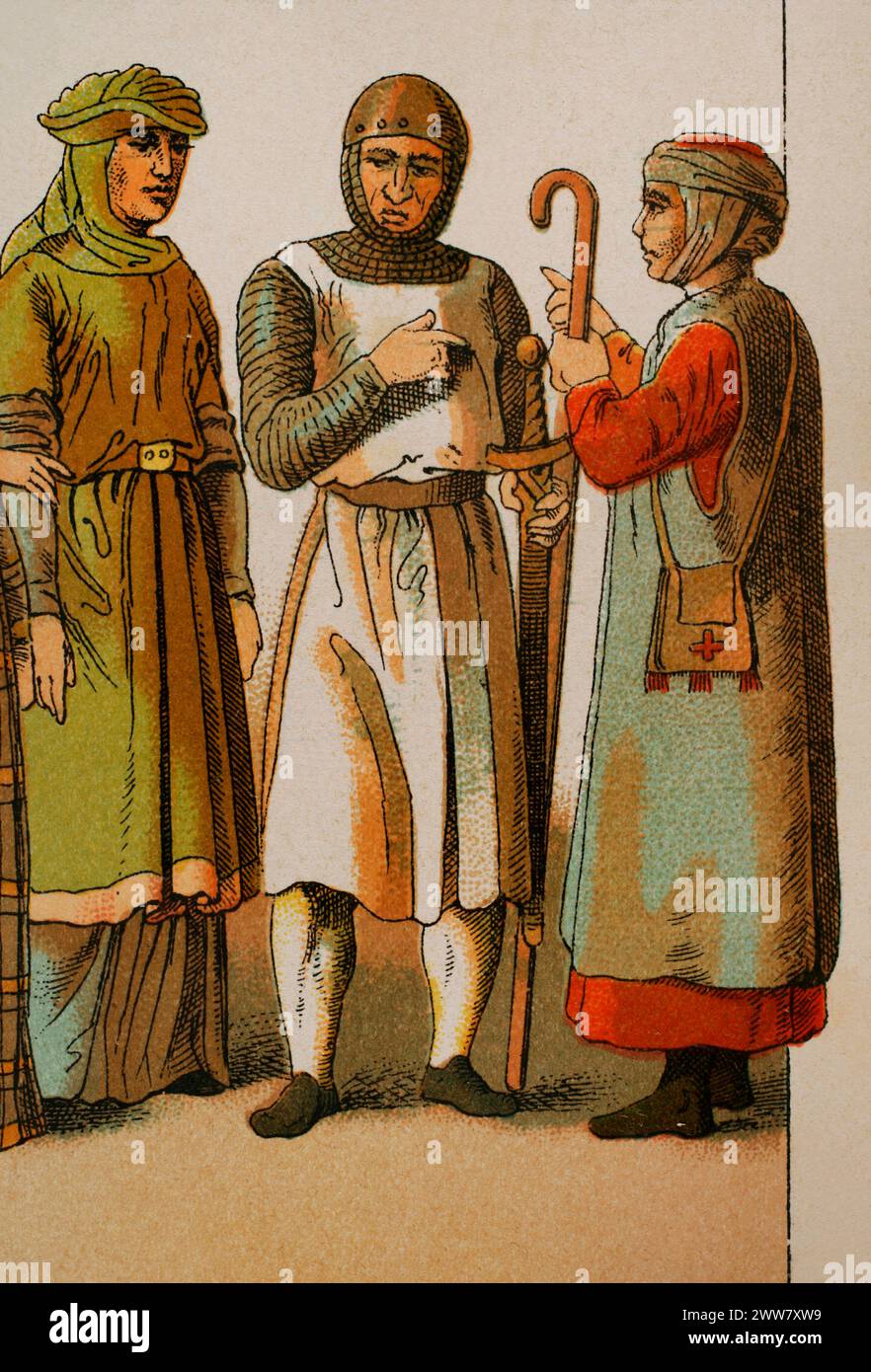 Histoire de France, 1100. De gauche à droite : noble dame, guerrier et pèlerin. Chromolithographie. Historia Universal, de César Cantú. Volume V, 1884. Banque D'Images