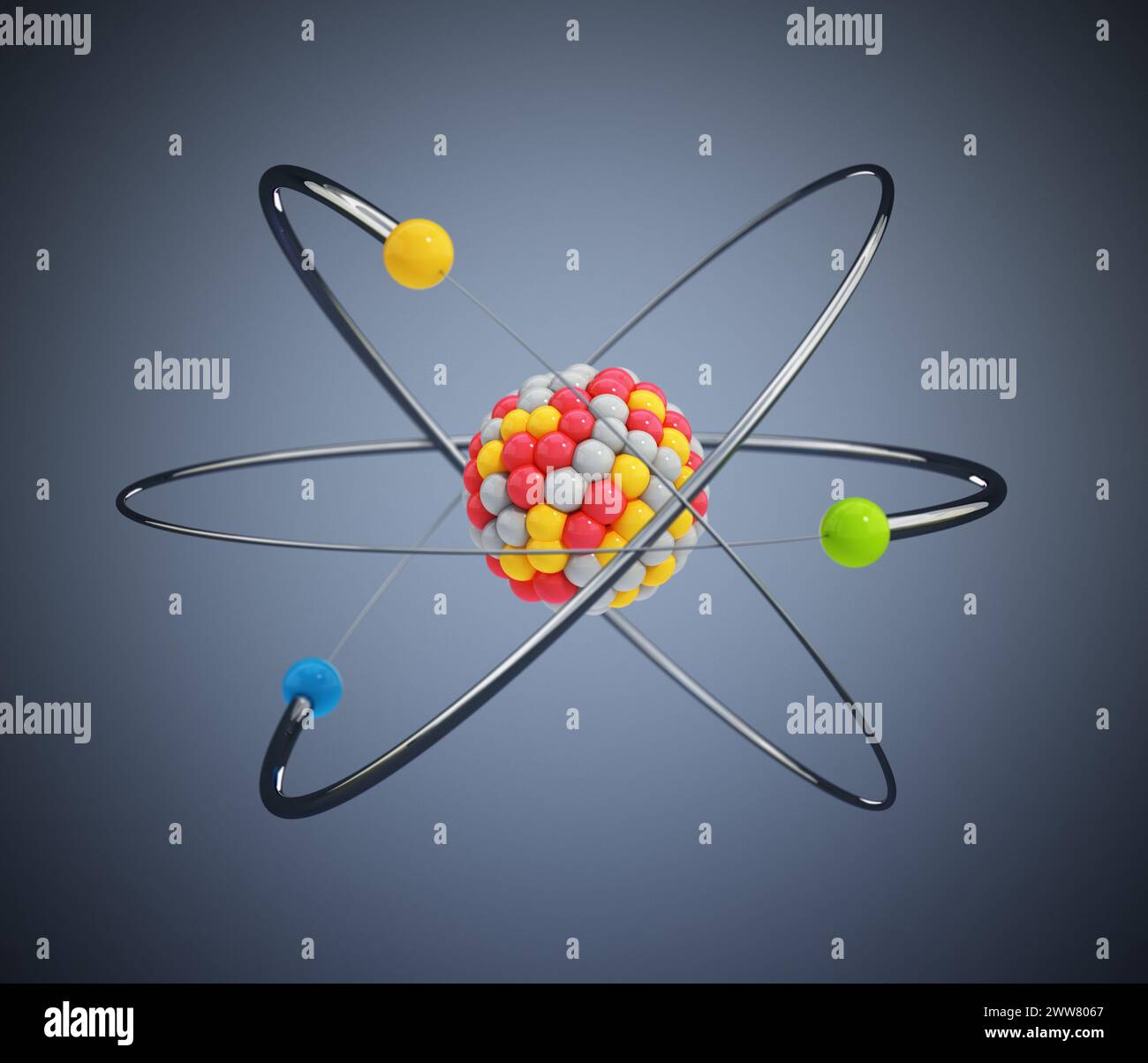 Modèle atomique avec électrons orbitaux isolés sur fond gris. Illustration 3D. Banque D'Images