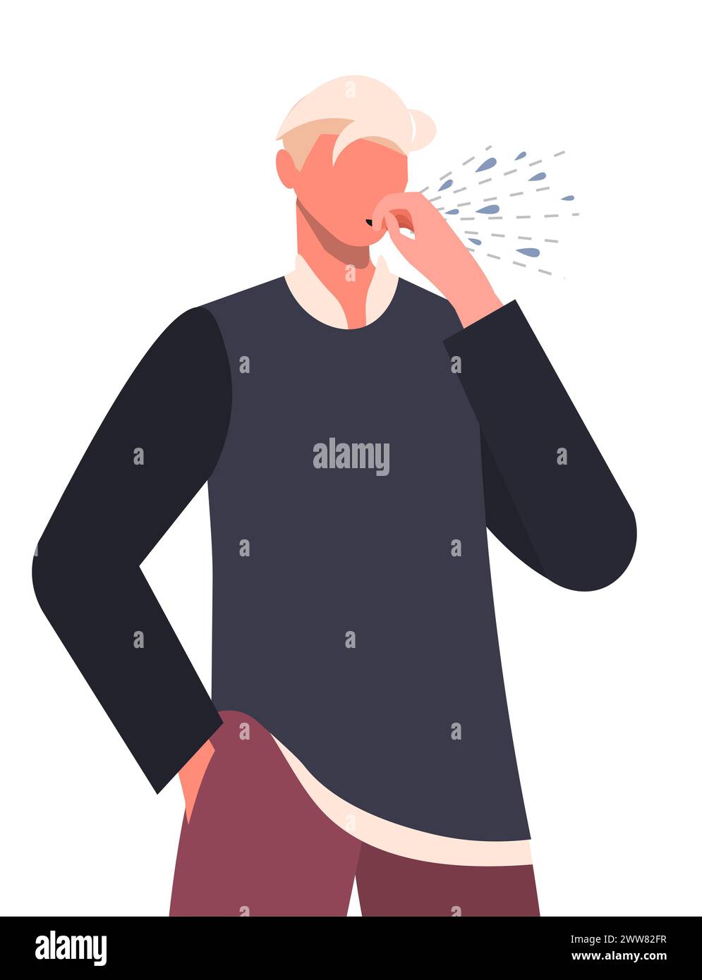 Jeune homme dans des vêtements décontractés se sentant malaise et toussant comme symptôme de rhume, d'asthme, d'allergie ou de bronchite. Homme avec symptôme de maladie respiratoire. Banque D'Images